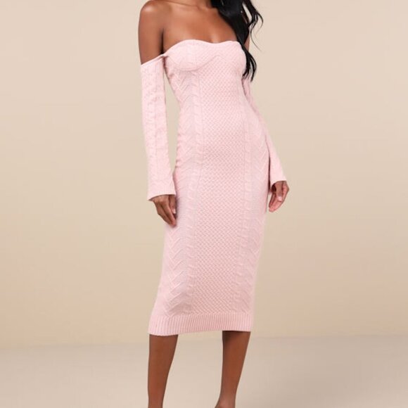 Lulus Dresses & Skirts - Lulus Cuddly Element Light Pink Cable Knit Off-the-Shoulder Midi Dress